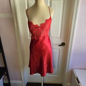 Cinema Etoile Red Satin And Sheer Lace‎ Nightgown Size XL Lingerie Chemise